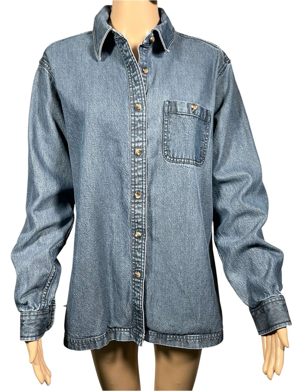LL Bean Shirt Womens Large Long Sleeve Button Up Blue Denim Heavy Work Pocket